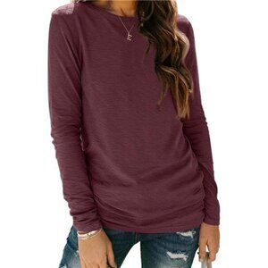 New Womens Long Sleeve Round Neck Basic Tee, Fall Tops - 2024 Outfits, Red S-XXL